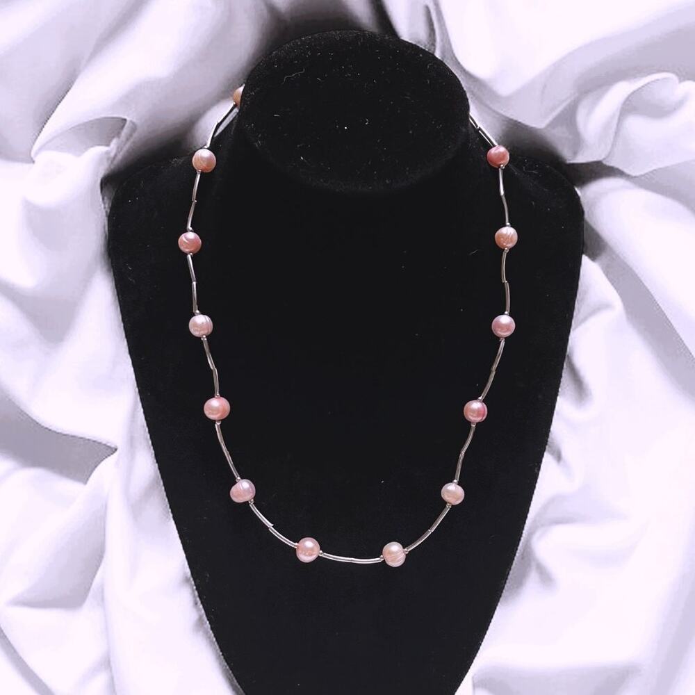 Ross-Simons Pink Cultured Pearl Station Sectioned Silver Tube Links Necklace